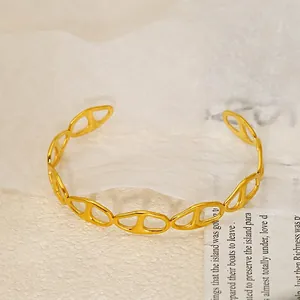 Polished 18K gold plated stainless steel hollow cuff bracelet with anchor link design