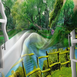 Detail of bohemian forest landscape tapestry showing thin fabric texture and forest print