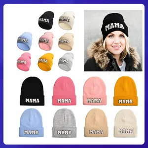 Casual Acrylic Knitted Beanie Hat With Letter MAMA MINI PAPA Chenille Embroidery For Women Kids Warm Soft Solid Color Winter Skull Cap