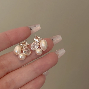 Geometric Zircon Freshwater Pearl Stud Earrings With Silver Earring Post French Elegant Vintage Light Luxury For Women