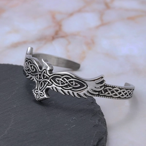 Viking eagle c-shaped open cuff bracelet in stainless steel with celtic knot patterns