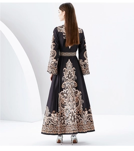 Back view of a long floral print dress with stand collar and intricate paisley patterns