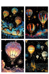 Lot détaillé de quatre tableaux à gratter lumineux de montgolfières avec scènes de ville nuit