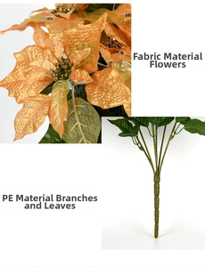 Detail of gold artificial poinsettia showing fabric texture with glitter and PE stem