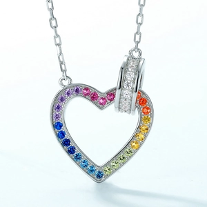 S925 silver necklace featuring a rainbow zircon heart pendant with interlocking circles