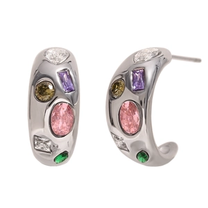 Silver stainless steel C-shaped hoop earrings with colorful zircon gemstones