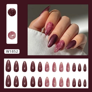 Glitter and marble texture plum almond press-on nails set with 24 pieces for women