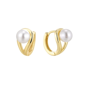 Elegant 14K gold plated S925 silver hoop earrings featuring white round shell pearls