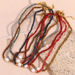 Retro stainless steel beaded necklace with freshwater pearls and dark crystals in various colors