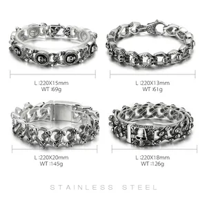 Size chart for stainless steel skull bracelets showing length width and weight specifications