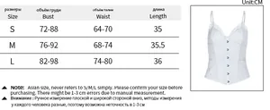 Detailed size guide table for the lace corset camisole in S, M, and L measurements