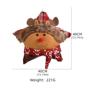 Coussin étoile renne de Noël avec écharpe rouge et bonnet peluche 40x40cm