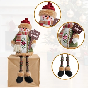Detail of Christmas snowman plush with Let It Snow sign and long beaded legs