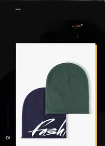 Detail view of dark green and navy blue rabbit fur knit beanies for autumn and winter
