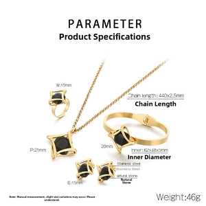 Detailed specs of stainless steel jewelry set with geometric black stones and gold plating