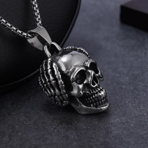 Hiphop emoji skull scratching head pendant necklace in polished stainless steel finish