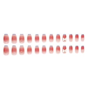 Pink gradient press-on nails with blue French tips, 3D white bows and pearl accents