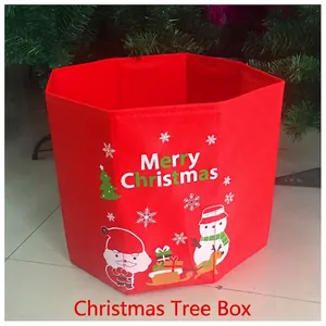 Red hexagonal non-woven Christmas tree box with festive Santa and snowman prints