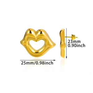 Detail view of heart-shaped hollow earrings in gold finish with size measurements