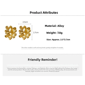 Detail view of gold floral earrings with size 2.5x2.7cm and alloy material specs