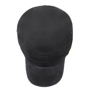 Men's washed cotton flat top army cap in black with vintage badge and sun shield