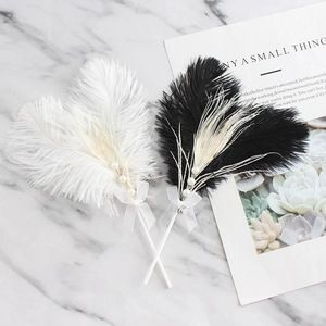 Elegant Cake Topper Natural Ostrich Feather With Faux Artificial Pearl Ribbon Bow Heart Shaped Decoration For Wedding Birthday Party