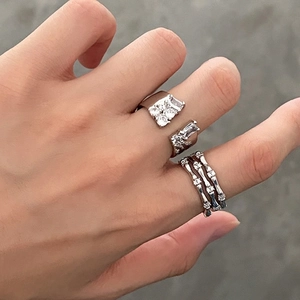 Three-layer silver open ring with cubic zirconia micro-pave setting for women
