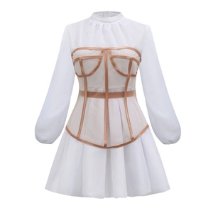 Detailed view of white mesh dress featuring contrasting brown waist corset line detail