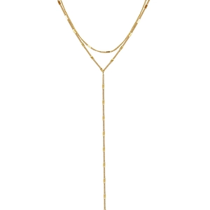 Minimalist double-layered gold Y-necklace with flat oval metal charms and tassel chains