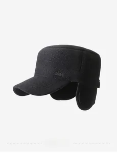 Detailed side view of winter cadet cap with herringbone wool texture and ear flaps