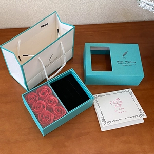 Light blue jewelry gift box with soap roses, matching paper bag and greeting card