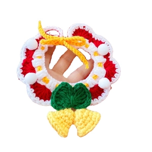 Handmade crochet Christmas pet collar with bells and festive wreath pattern