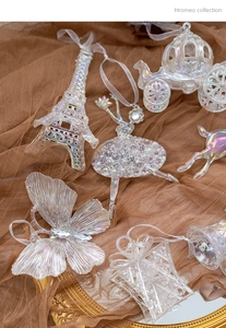 Detailed view of iridescent acrylic Christmas tree ornaments with white organza ribbons