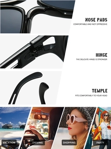 Detail view of large frame sunglasses featuring integrated nose pads and metal hinges