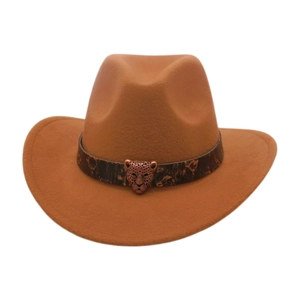 Close-up of brown wool jazz hat featuring leopard print band and metal leopard head buckle