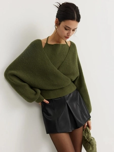 Two-piece ribbed knit crop top set with halter vest and shrug in olive green color