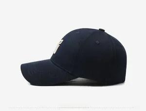 Detail of navy blue cotton baseball cap featuring white 3D embroidered C and reinforced stitching
