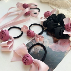 Elegant handmade pink ribbon rose hair ties and black scrunchies set for women