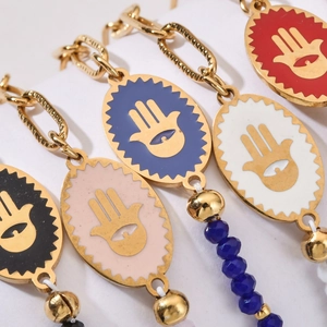 Hamsa Hand evil eye paperclip bracelet with colorful enamel charms and blue beads