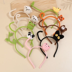 Set of 8 handmade crochet animal headbands for kids featuring cute knit bears and frogs