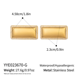Detail view of 18K gold plated rectangular crystal earrings with precise measurements