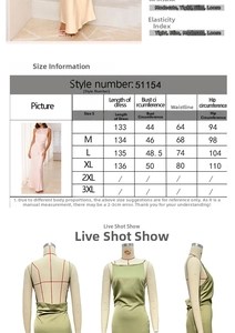 Detailed size chart for backless satin fishtail maxi dress with measurements for S to XL
