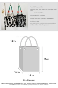 Detailed size specifications for a geometric knit tote bag with polyester material