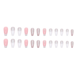 24er Set mittellange French-Nägel mit rosa Verlauf und silbernen Glitzer-Akzenten
