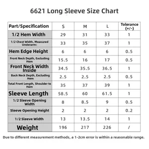 Detailed size guide table for seamless knitted long sleeve fitness t-shirt with S/M/L data