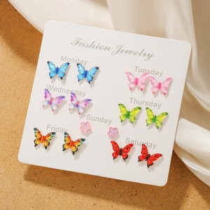 Sweet Butterfly Flower Heart Stud Earrings Monday To Sunday Alloy Resin Steel Earring Post Jewelry Women Girls
