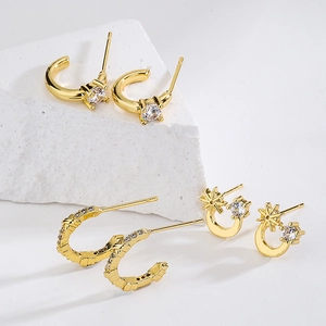 18K Gold Plated Copper Stud Earrings Clear Cubic Zirconia C Shape Moon Star Minimalist Jewelry For Women