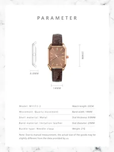 Detailed technical specifications and sizing chart for this elegant square quartz watch