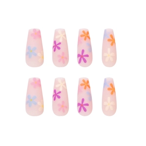 Rainbow sunflower floral press-on nails in long coffin shape with pink base color