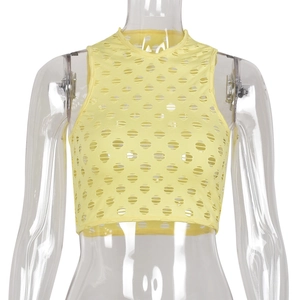Women's pale yellow sleeveless crop top featuring detailed circular cut-outs and a round neck